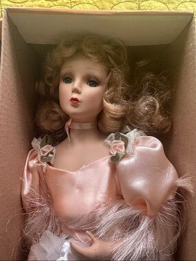 Porcelain Blonde Doll in Pink Satin Dress - Classic Collectible